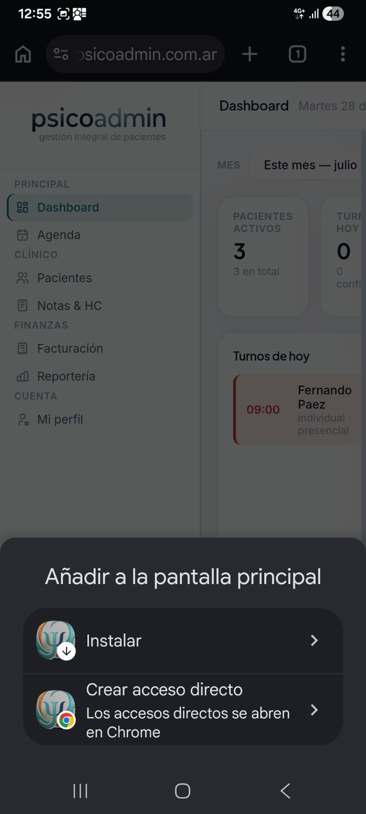 Panel Añadir a la pantalla principal con la opción Instalar