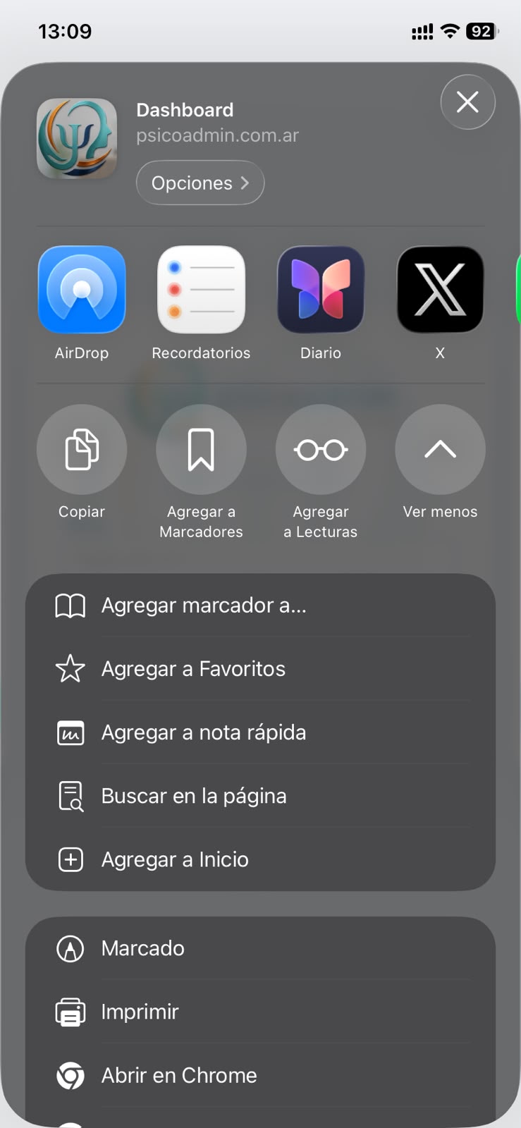 Menú de Compartir con la opción Agregar a Inicio